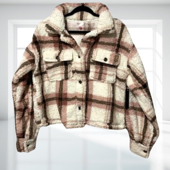 NWT Cozy Plaid Sherpa Shacket Jacket Cream Pink Brown Size Large Fall Winter - Picture 3 of 12